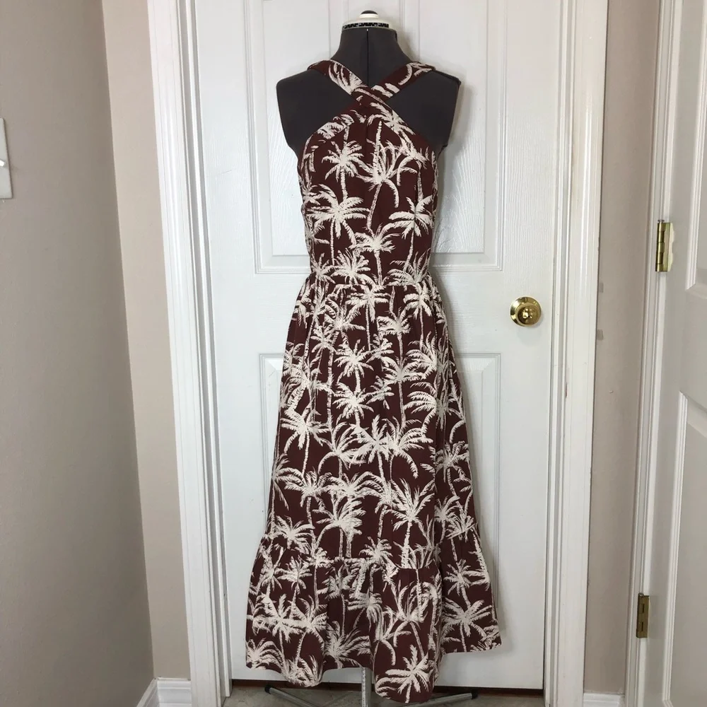 Express Cotton Blend Brown White Tropical Halter Neck Summer Brunch Midi Dress M - Picture 2 of 15